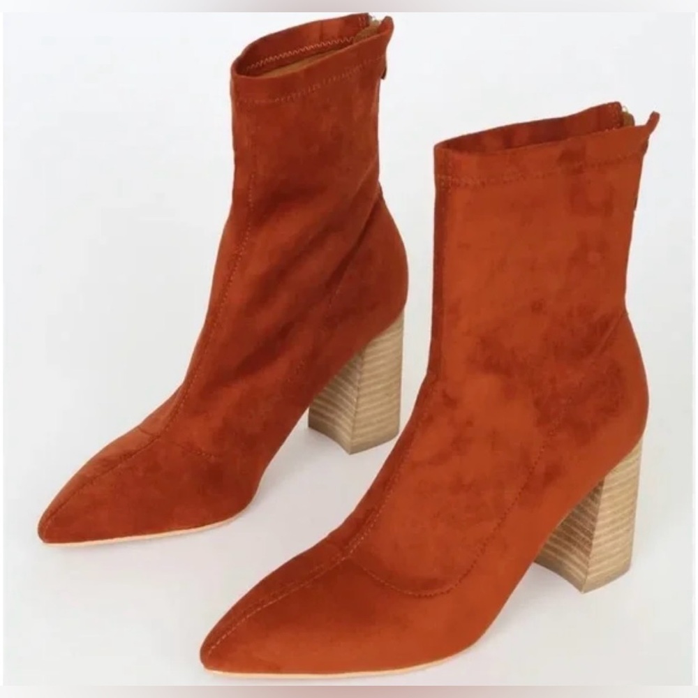Lulu's Rust Suede Pointed Toe Block Heel Ankle Boots